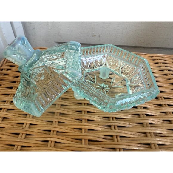 Vintage 50's Fenton Glass Hobstar Blue Opalescent Hexagon Footed Trinket Box - Picture 4 of 9